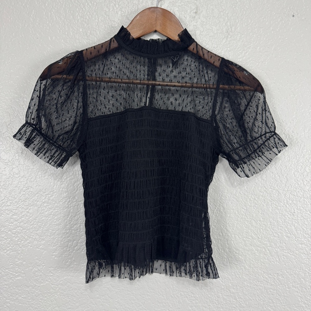 Windsor Black Sheer Ruffle Blouse‎ Lace Stretch women small Gothic Work Dark #cc
